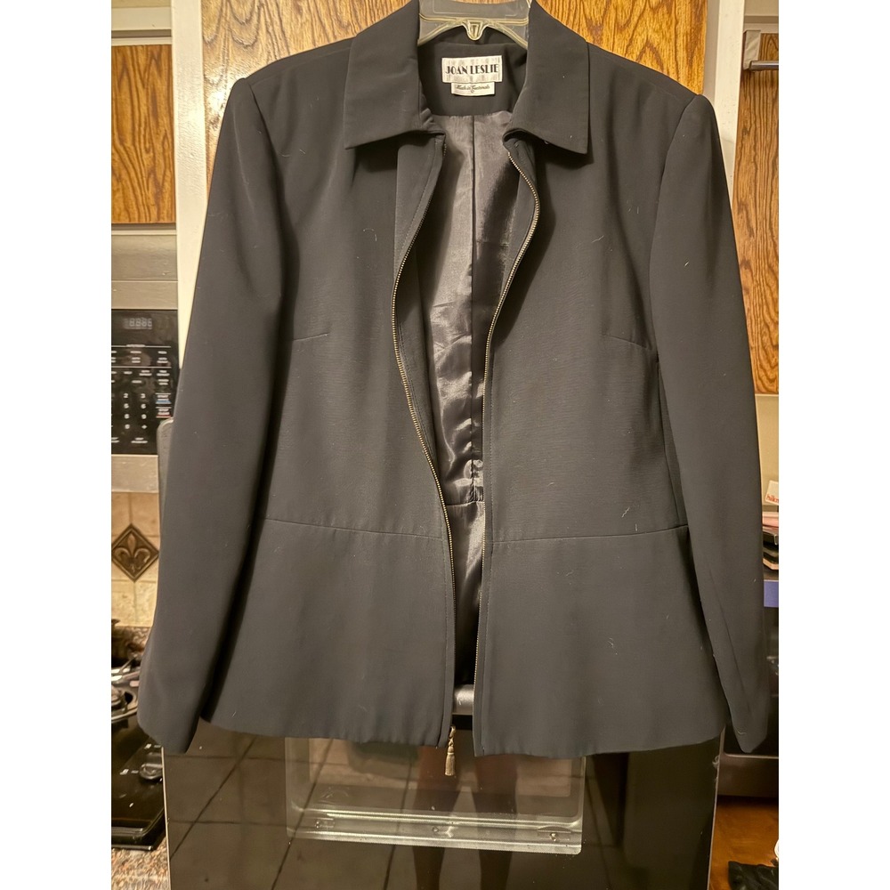 Joan Leslie Womens Black Zip Up Blazer Jacket Size 12 Vintage Professional Coat